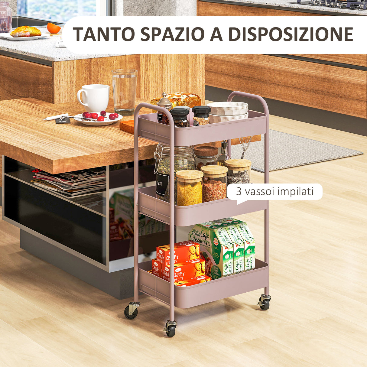 easycomfort easycomfort carrello da cucina a 3 livelli con maniglie e 4 rotelle in acciaio 45x30 6x79 cm rosa