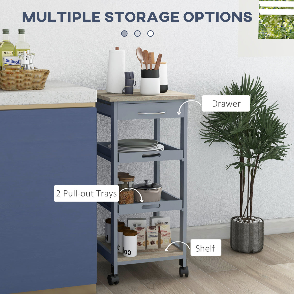 easycomfort easycomfort carrello da cucina con cassetto 2 vassoi estraibili e ripiano fisso in legno di pino e mdf 37x37x76 cm