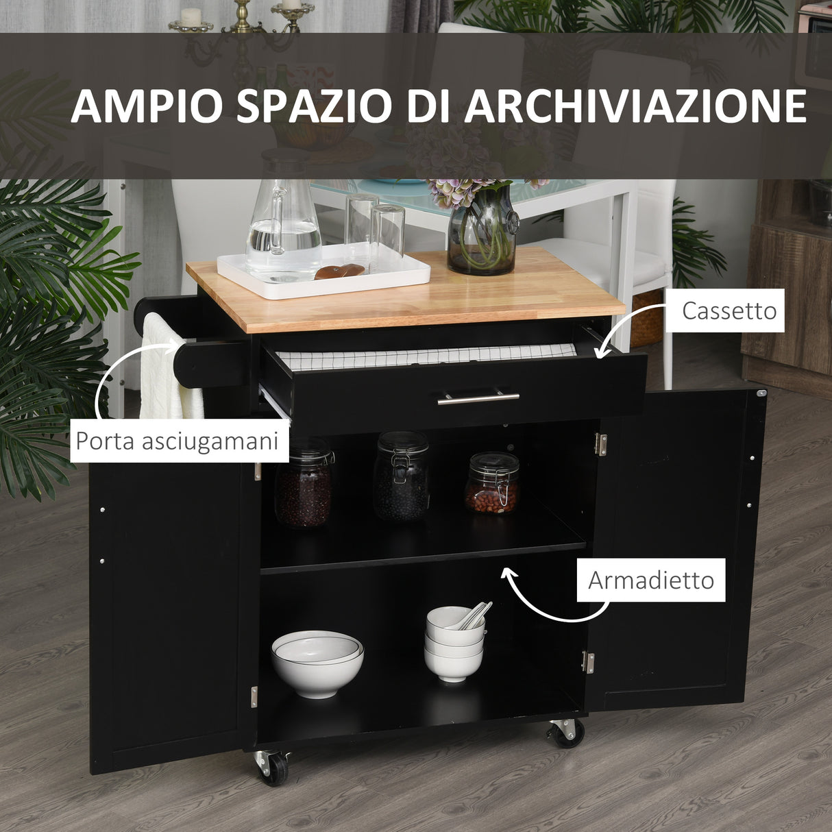easycomfort easycomfort carrello da cucina con cassetto e armadietto 2 ante ruote e barra laterale 83x45x91 5cm nero