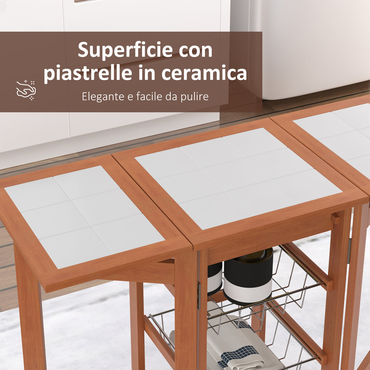 easycomfort easycomfort carrello da cucina con piano in mattonella servizio ausiliare legno metallo cromato 6 ruote cassetto ean 8054144131139