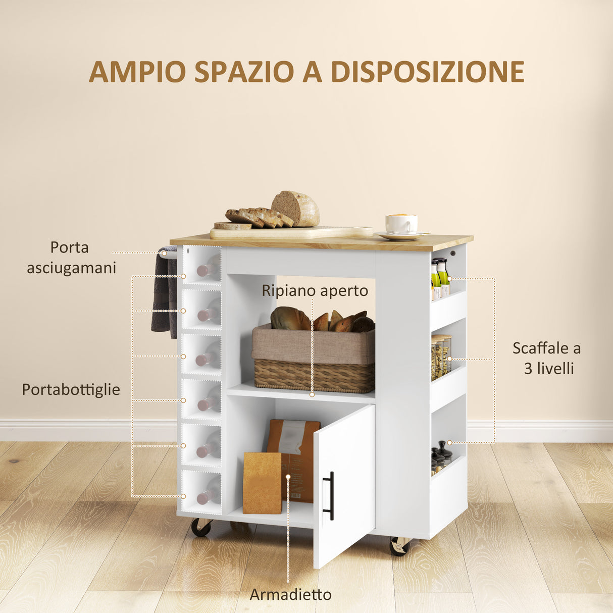easycomfort easycomfort carrello da cucina con ruote ripiani armadietto e portabottiglie 83x40x83 cm rovere
