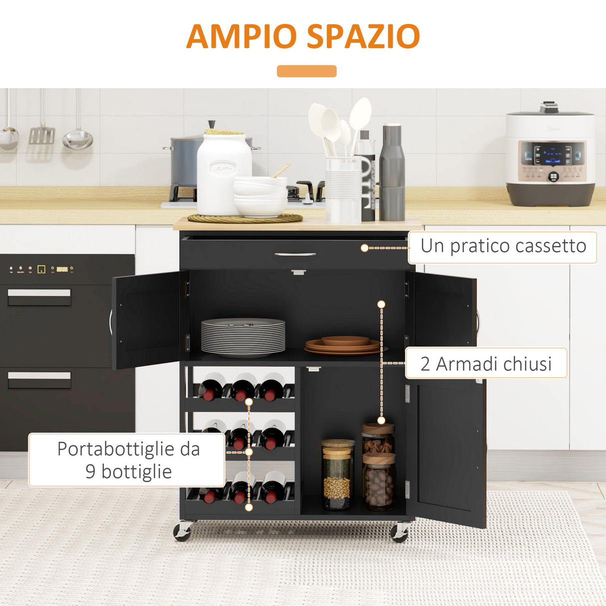 easycomfort easycomfort carrello da cucina in legno con portabottiglie 3 ante e cassetto 67x37x87 cm nero e rovere