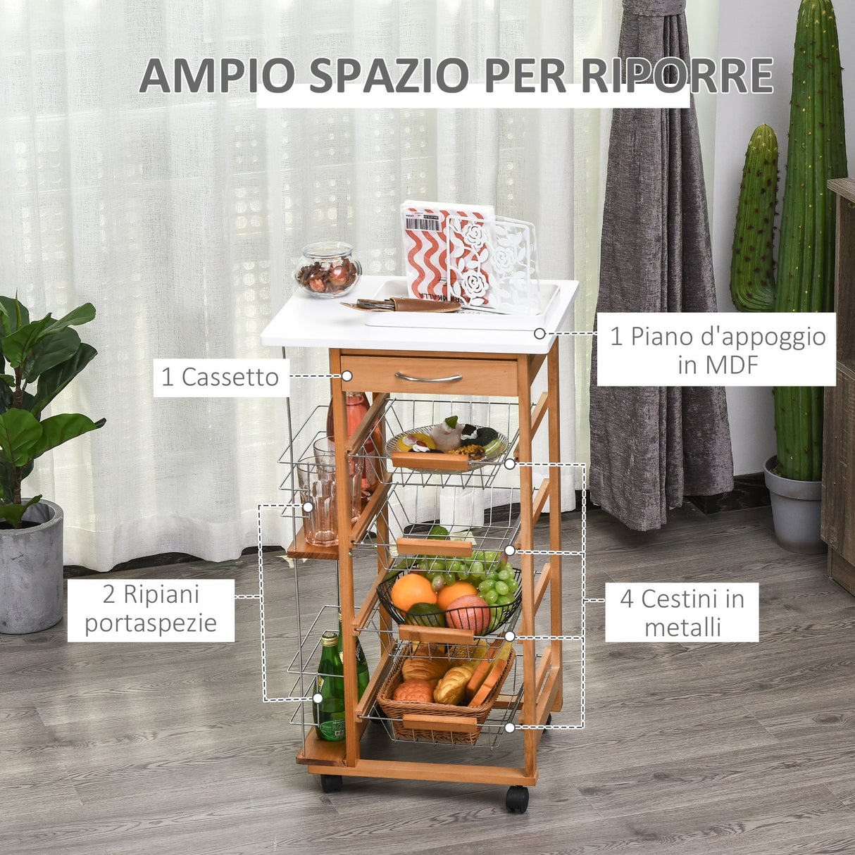easycomfort easycomfort carrello da cucina in legno marrone con 1 cassetto e 4 cestelli metallici
