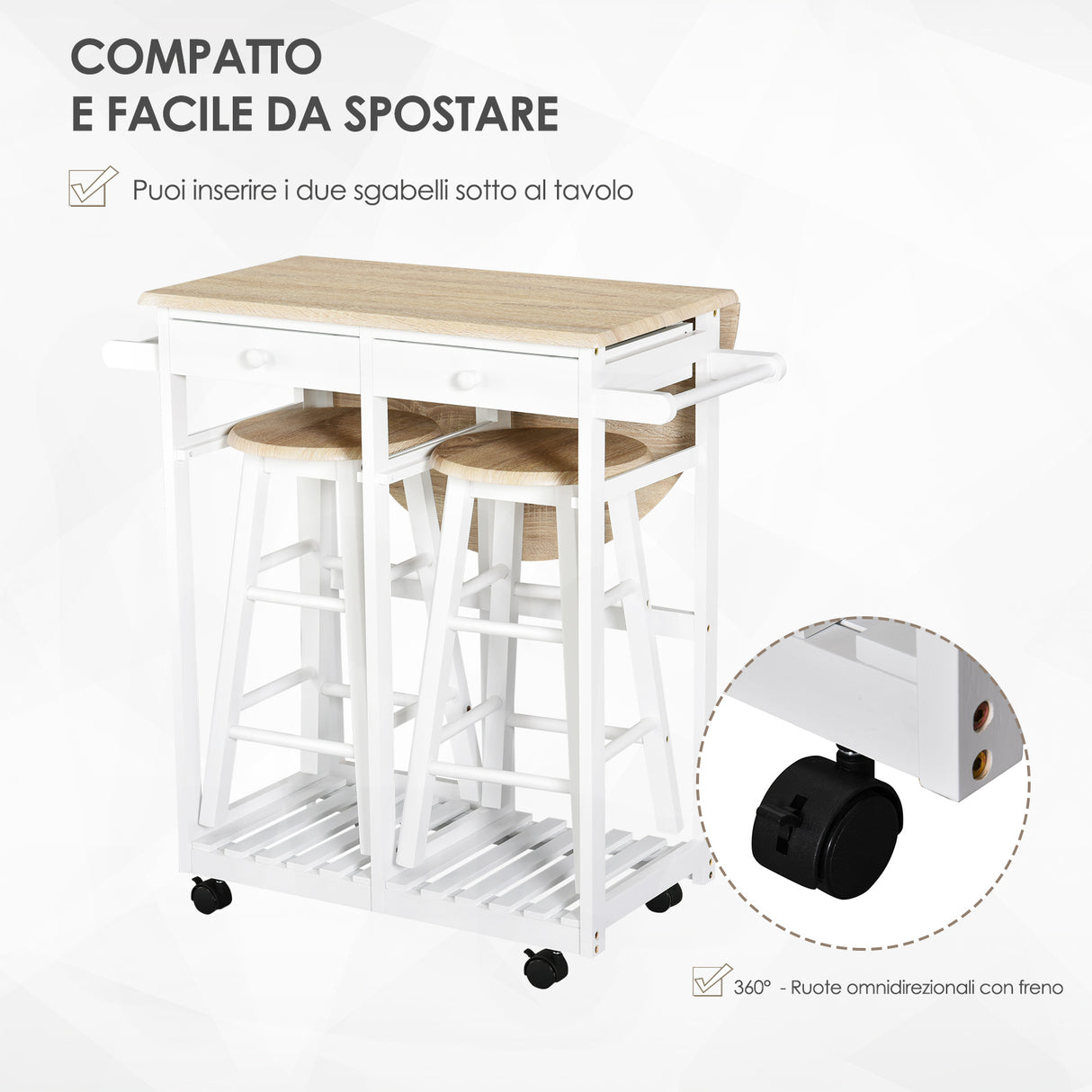 easycomfort easycomfort carrello da cucina pieghevole mobile da cucina salvaspazio con 2 sgabelli 2 cassetti 5 ruote rotazione 360 legno mdf bianco ean 8054144138947