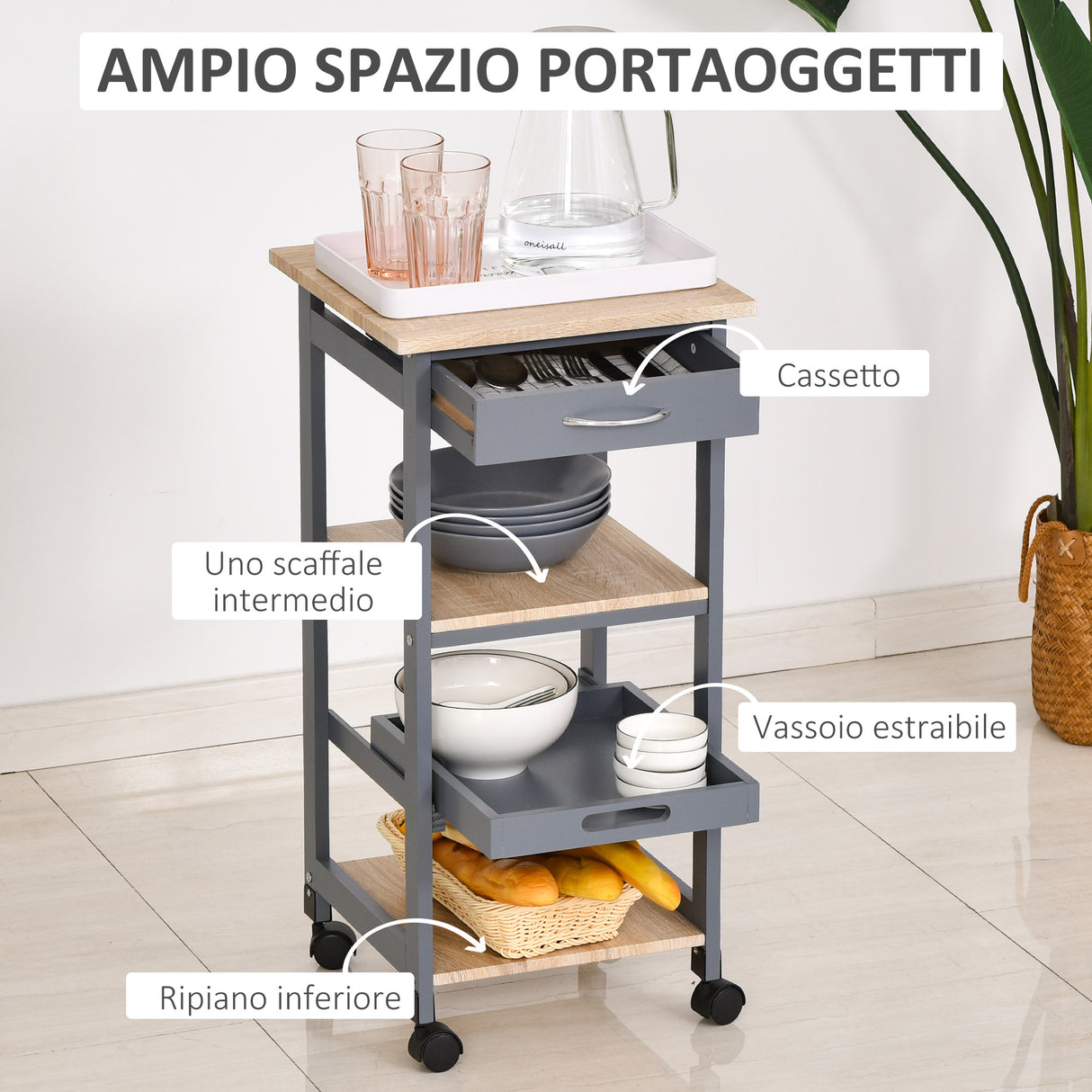 easycomfort easycomfort carrello da cucina portavivande con cassetto 2 ripiani e vassoio estraibile 37x37x76cm grigio
