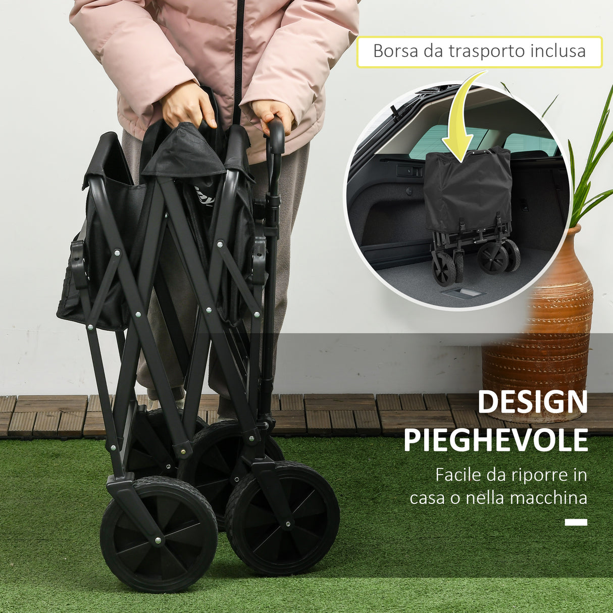 easycomfort easycomfort carrello da giardino 110l con maniglia telescopica e tettuccio in acciaio e tessuto oxford nero