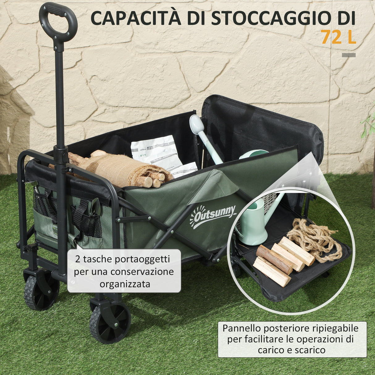 easycomfort easycomfort carrello da giardino da 72l pieghevole con pannello apribile in acciaio e poliestere 114x46x65 92 cm verde