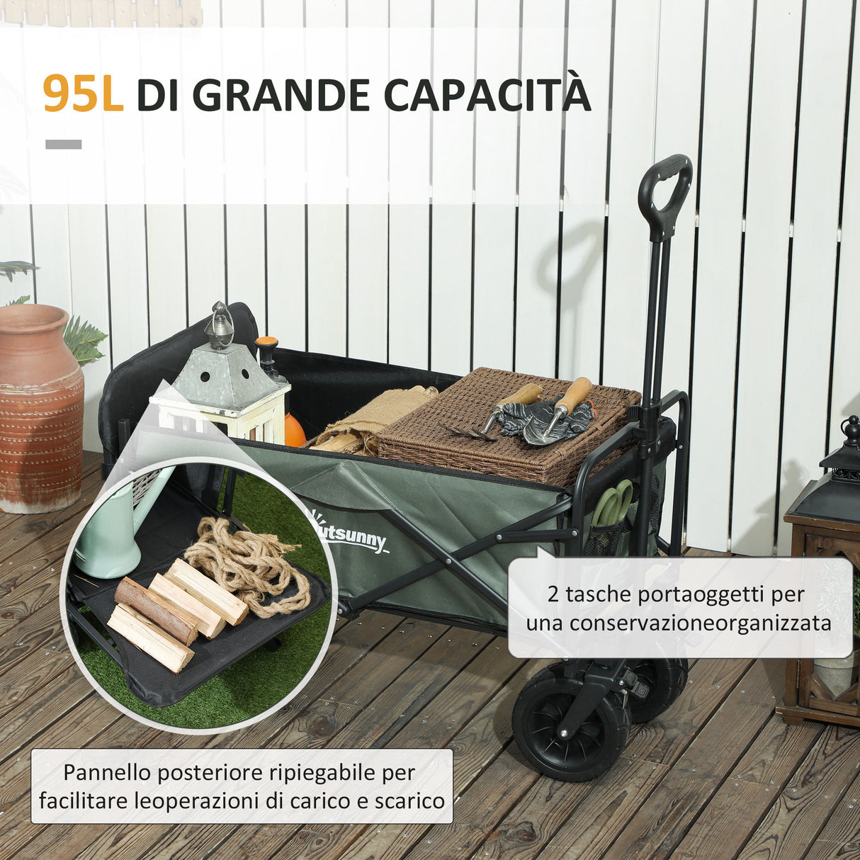 easycomfort easycomfort carrello da giardino da 95l pieghevole con pannello apribile in acciaio e poliestere 125x48x78 102 cm verde