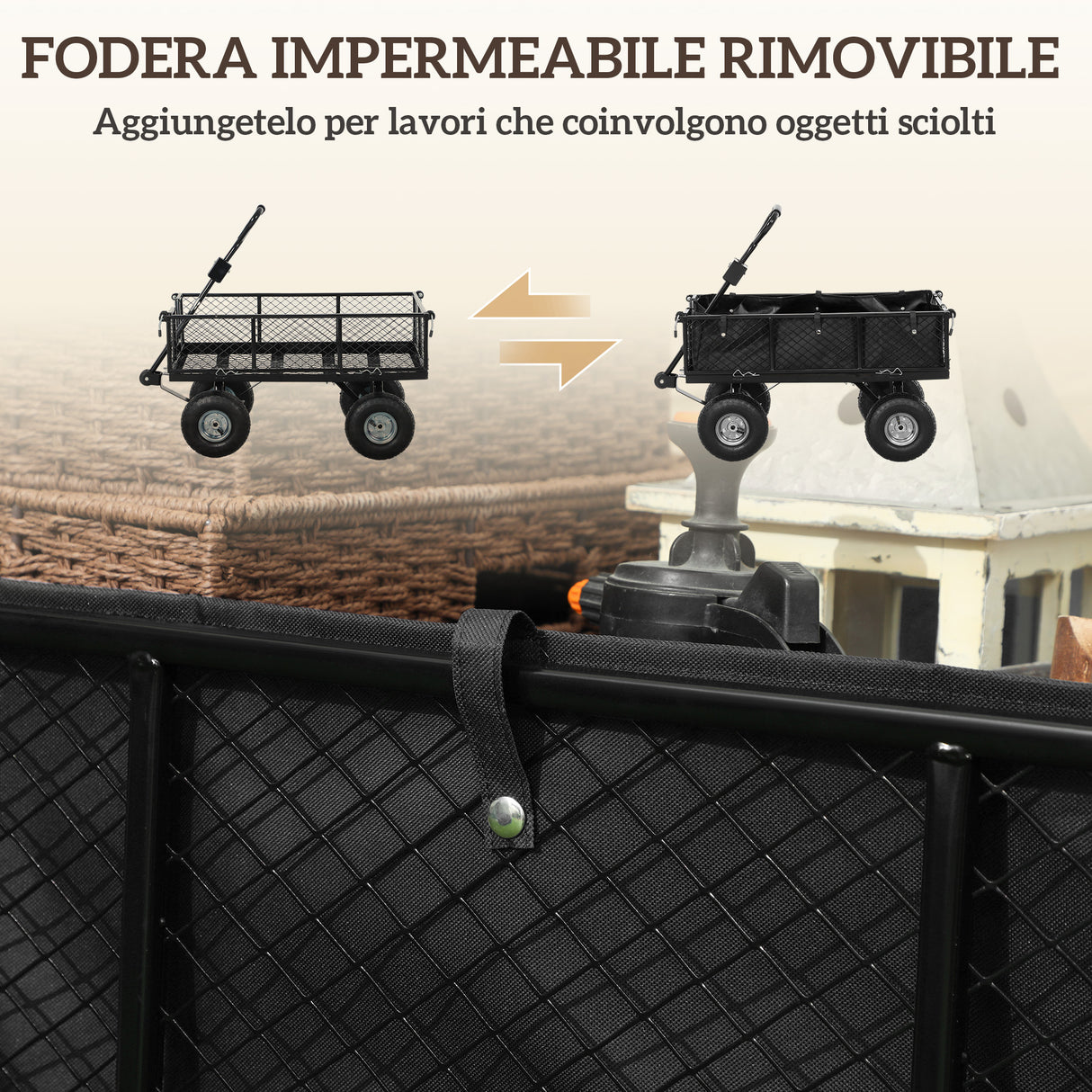 easycomfort easycomfort carrello da giardino in acciaio da 114l con sacca portaoggetti e pareti rimovibili 105x51x54 cm nero