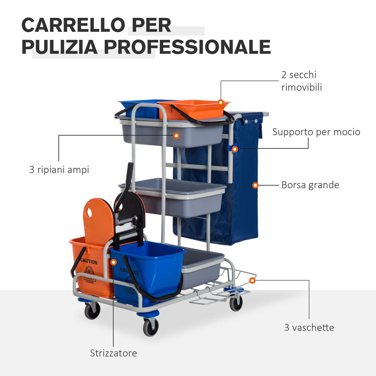 easycomfort easycomfort carrello per pulizie professionale multiuso con 4 secchi rotelle borsa di tela 118 73 103cm ean 8055776915579