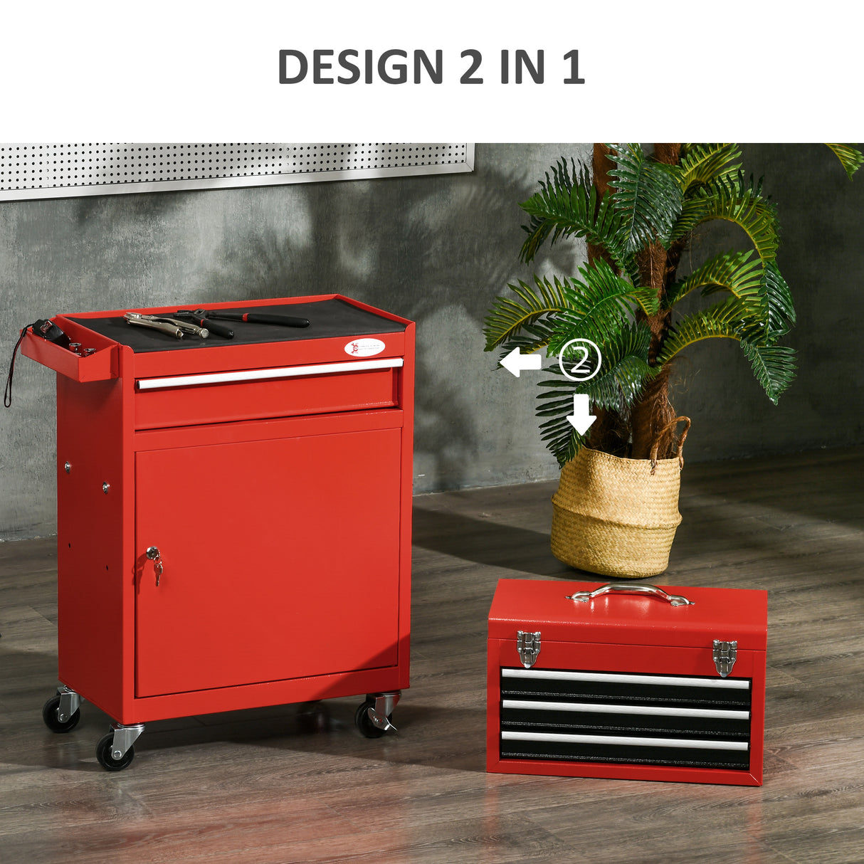 easycomfort easycomfort carrello porta attrezzi 2 in 1 con cassetta rimovibile e armadietto con chiave in acciaio rosso