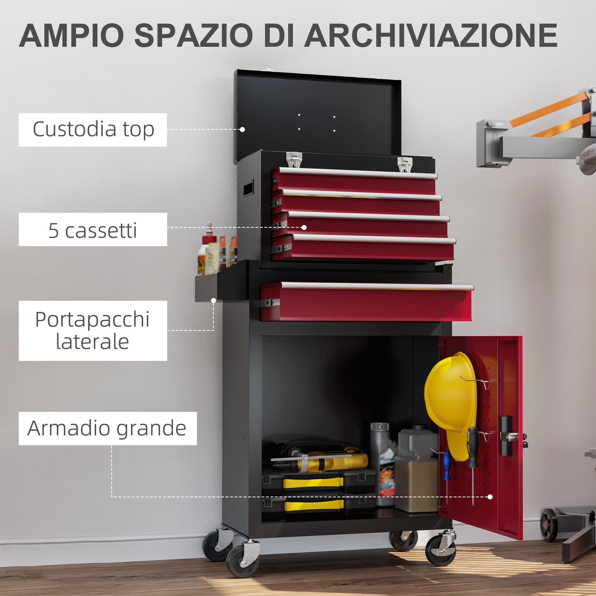 easycomfort easycomfort carrello porta attrezzi 5 cassetti cassetta rimovibile e armadietto con chiave in acciaio rosso