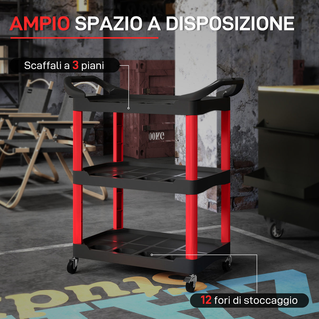 easycomfort easycomfort carrello porta attrezzi a 3 livelli in plastica con maniglie e ruote capacita 91 kg 83x43x97 cm rosso