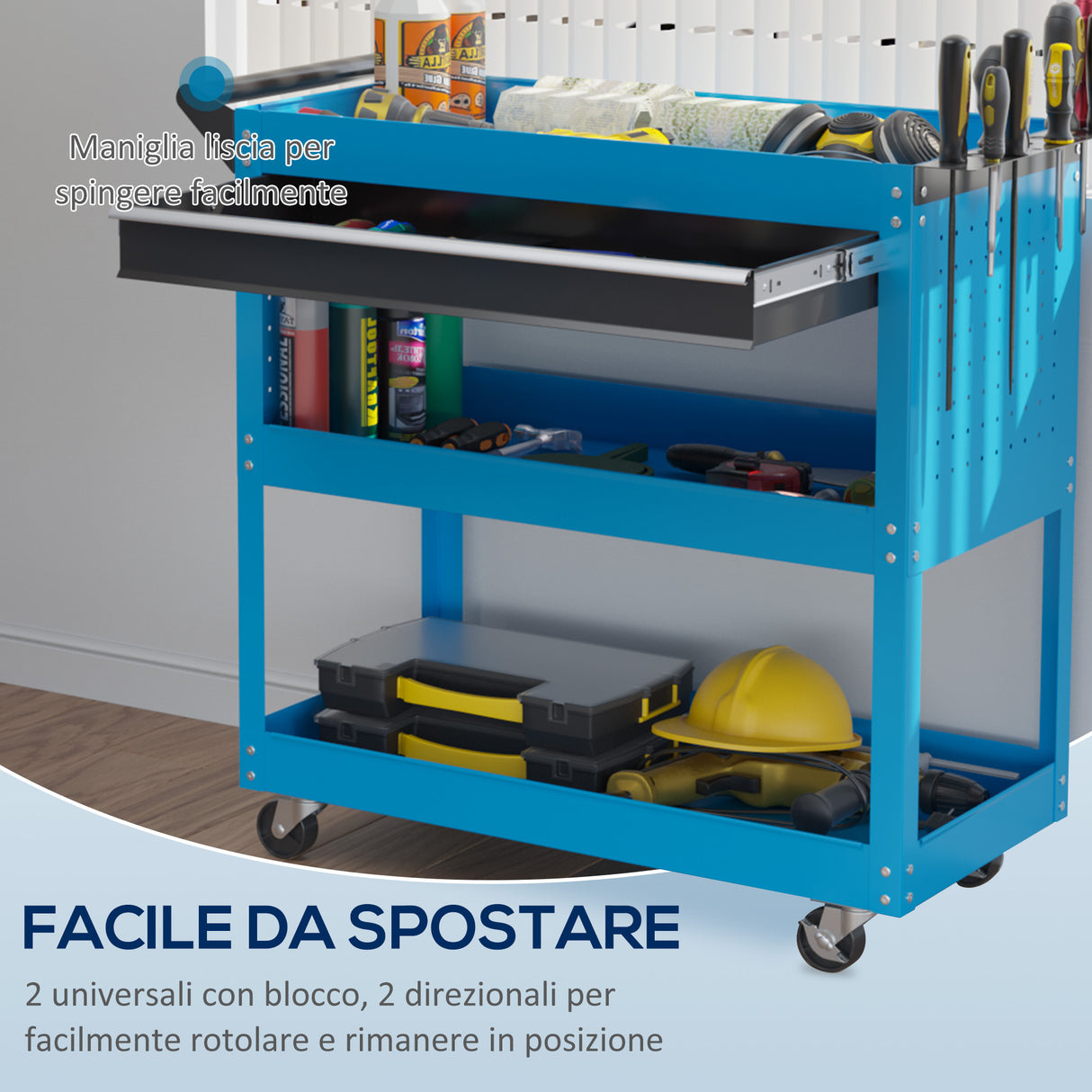 easycomfort easycomfort carrello porta attrezzi con manico laterale cassetto e 3 ripiani in acciaio 82x35x76 cm blu