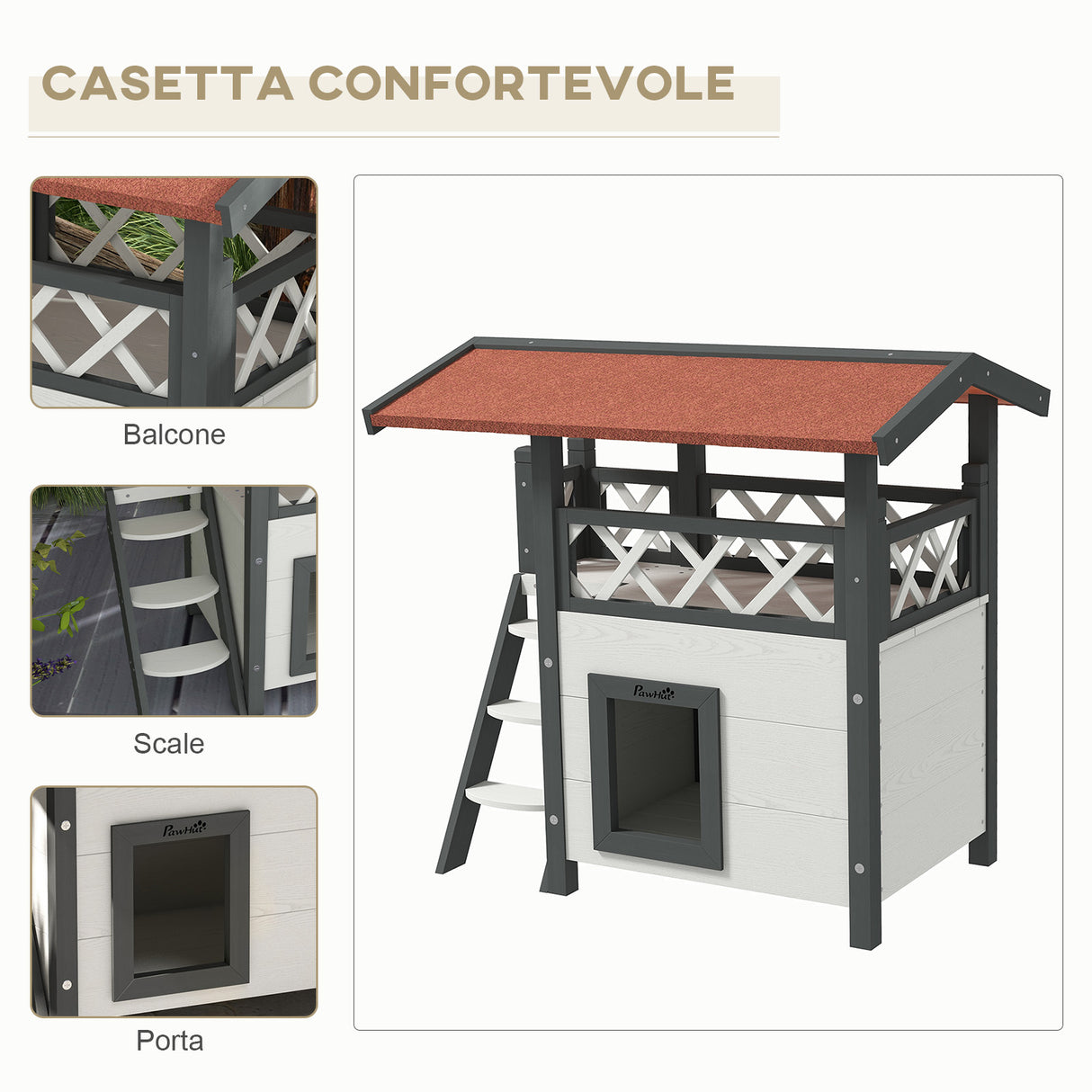 easycomfort easycomfort casetta per gatti da esterno con terrazza e scaletta in legno 77x50x73cm bianco e grigio