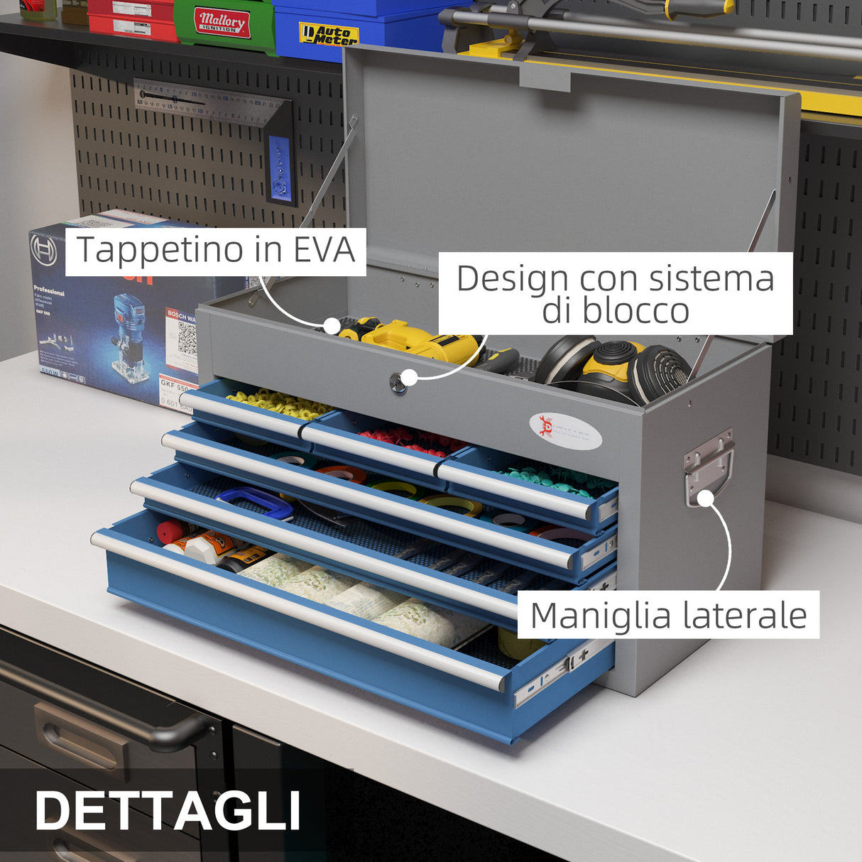 easycomfort easycomfort cassetta attrezzi in acciaio con 6 cassetti un bauletto e 2 chiavi 60x26x34 cm blu