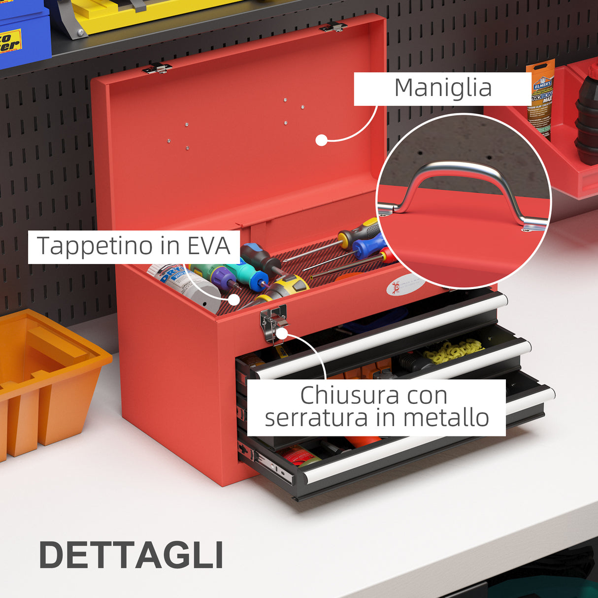 easycomfort easycomfort cassetta porta attrezzi con 3 cassetti e vano superiore in acciaio con maniglia 45x24x27cm rosso