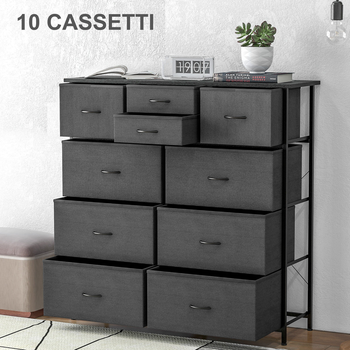 easycomfort easycomfort cassettiera 10 cassetti moderna in tessuto non tessuto acciaio e mdf 100x30x100 cm nera