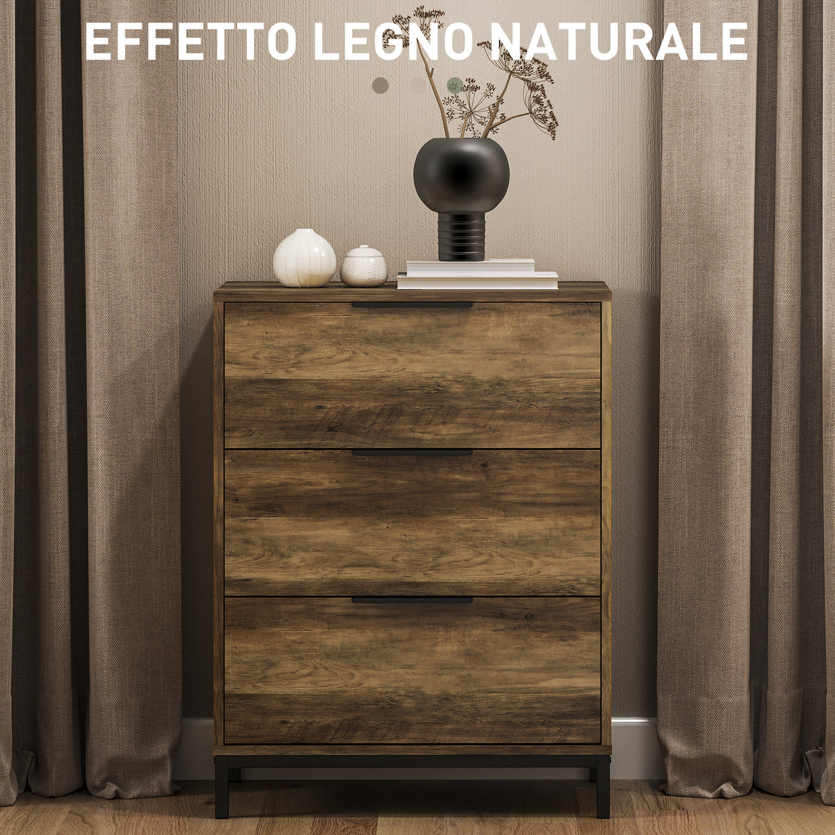 easycomfort easycomfort cassettiera 3 cassetti antiribaltamento con maniglie nere in legno e metallo 62x35x82 cm marrone scuro