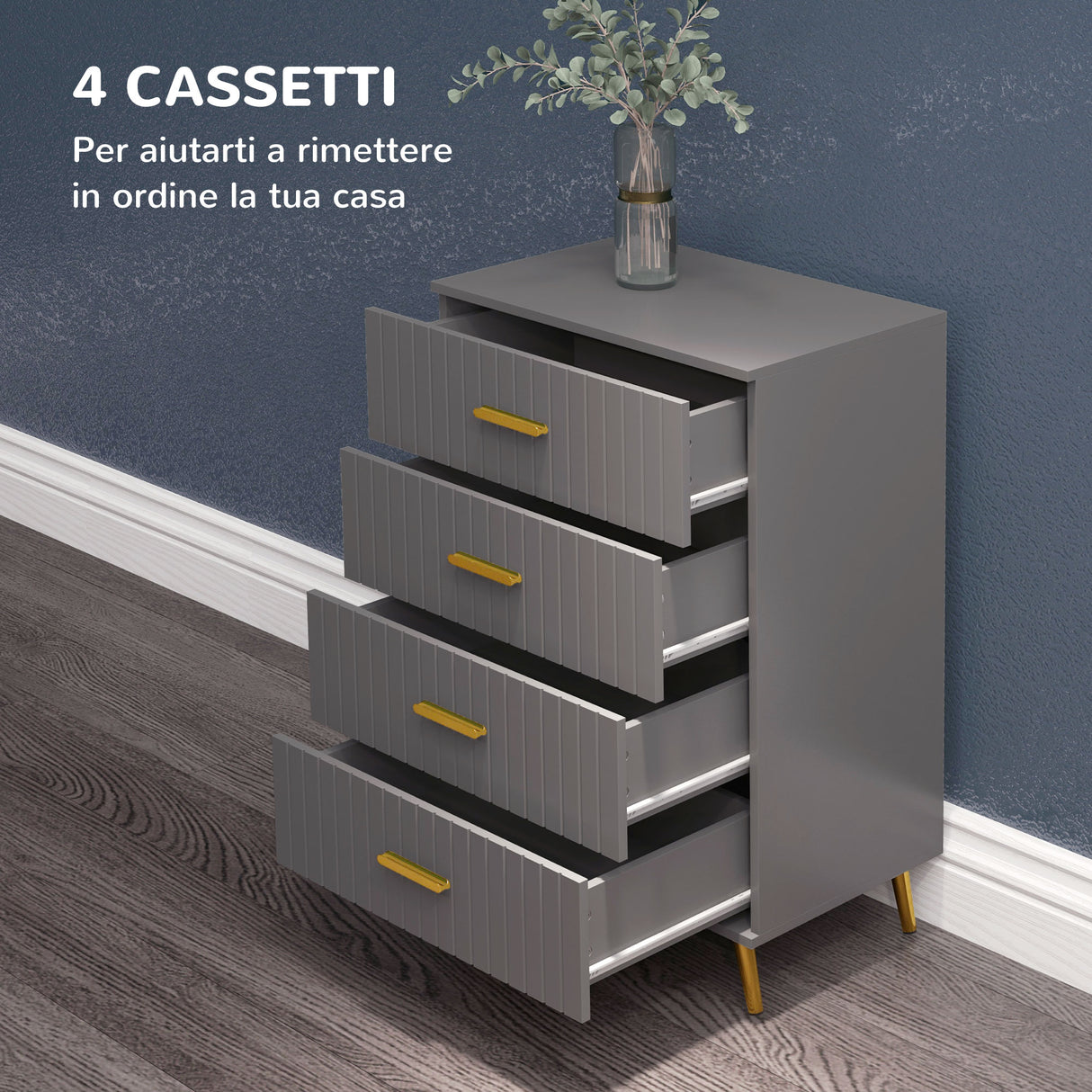 easycomfort easycomfort cassettiera 4 cassetti moderna in legno e alluminio 60x40x90 cm oro e grigio scuro