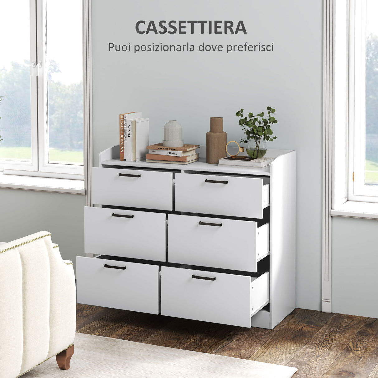 easycomfort easycomfort cassettiera 6 cassetti in legno con bordi rialzati e maniglie a u 110x40x88 cm bianco