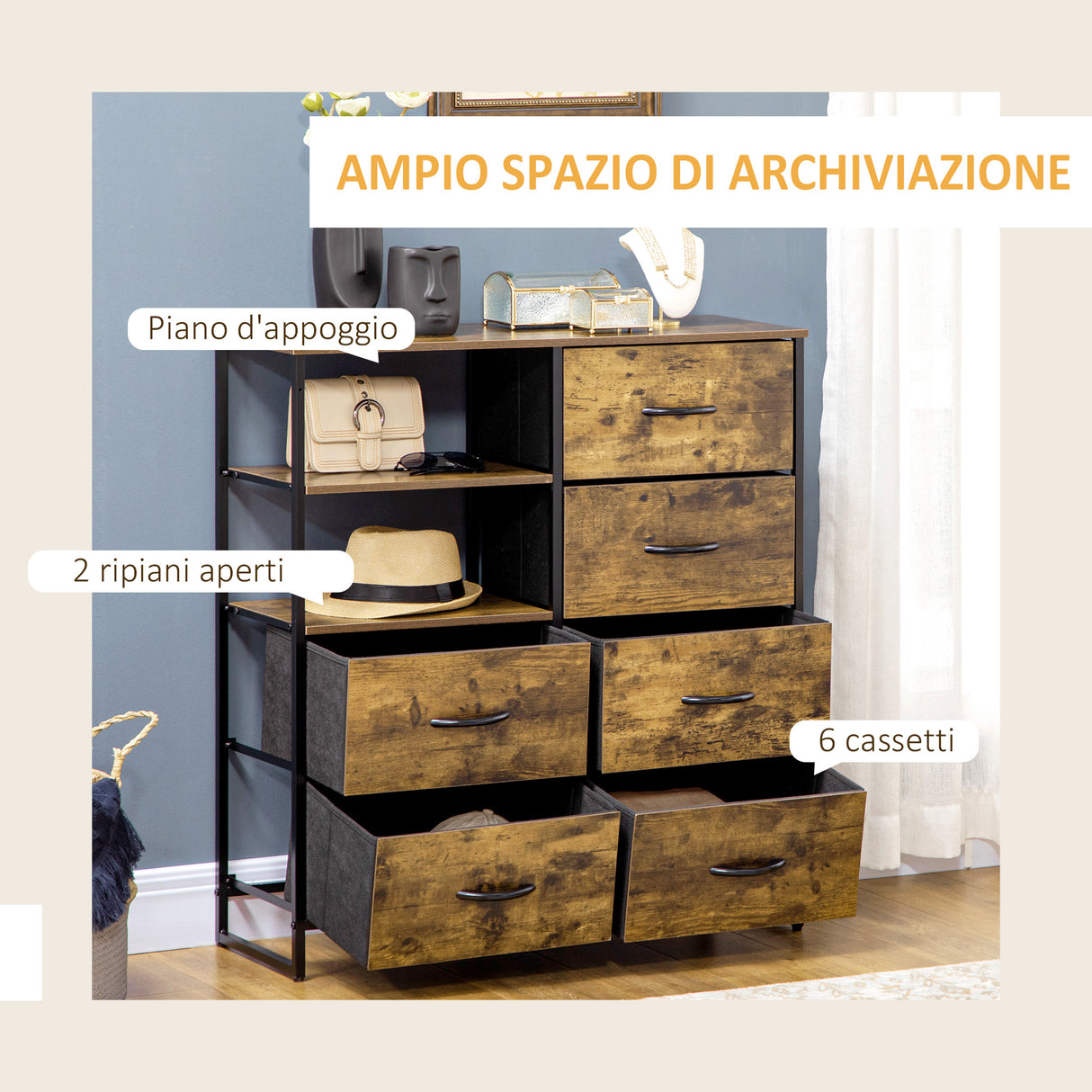 easycomfort easycomfort cassettiera 6 cassetti in tessuto pieghevoli stile industriale in acciaio e legno 84x30x92cm marrone rustico