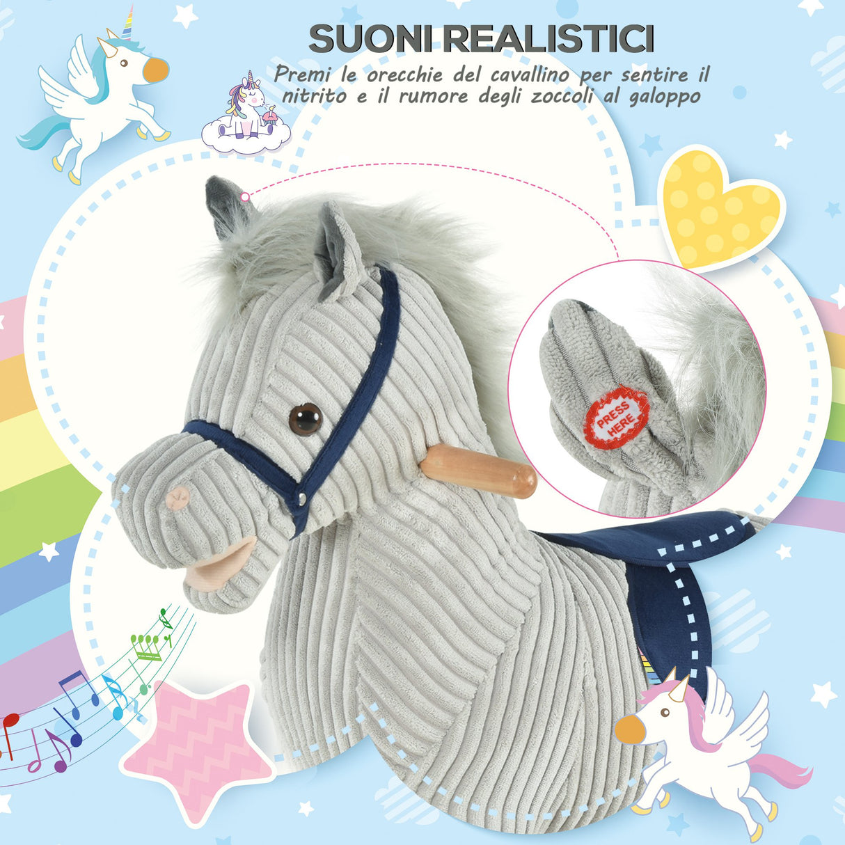 easycomfort easycomfort cavallo a dondolo per bambini 3 6 anni con suoni in peluche 73x35x64cm grigio