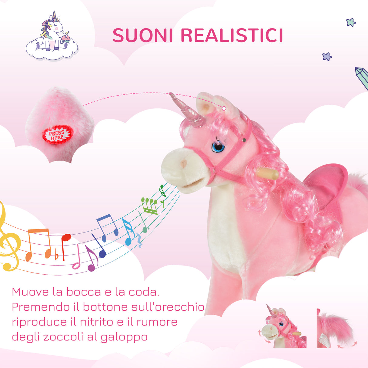 easycomfort easycomfort cavallo a dondolo per bambini 36 72 mesi unicorno a dondolo con suoni in legno e peluche rosa 74x33x62cm