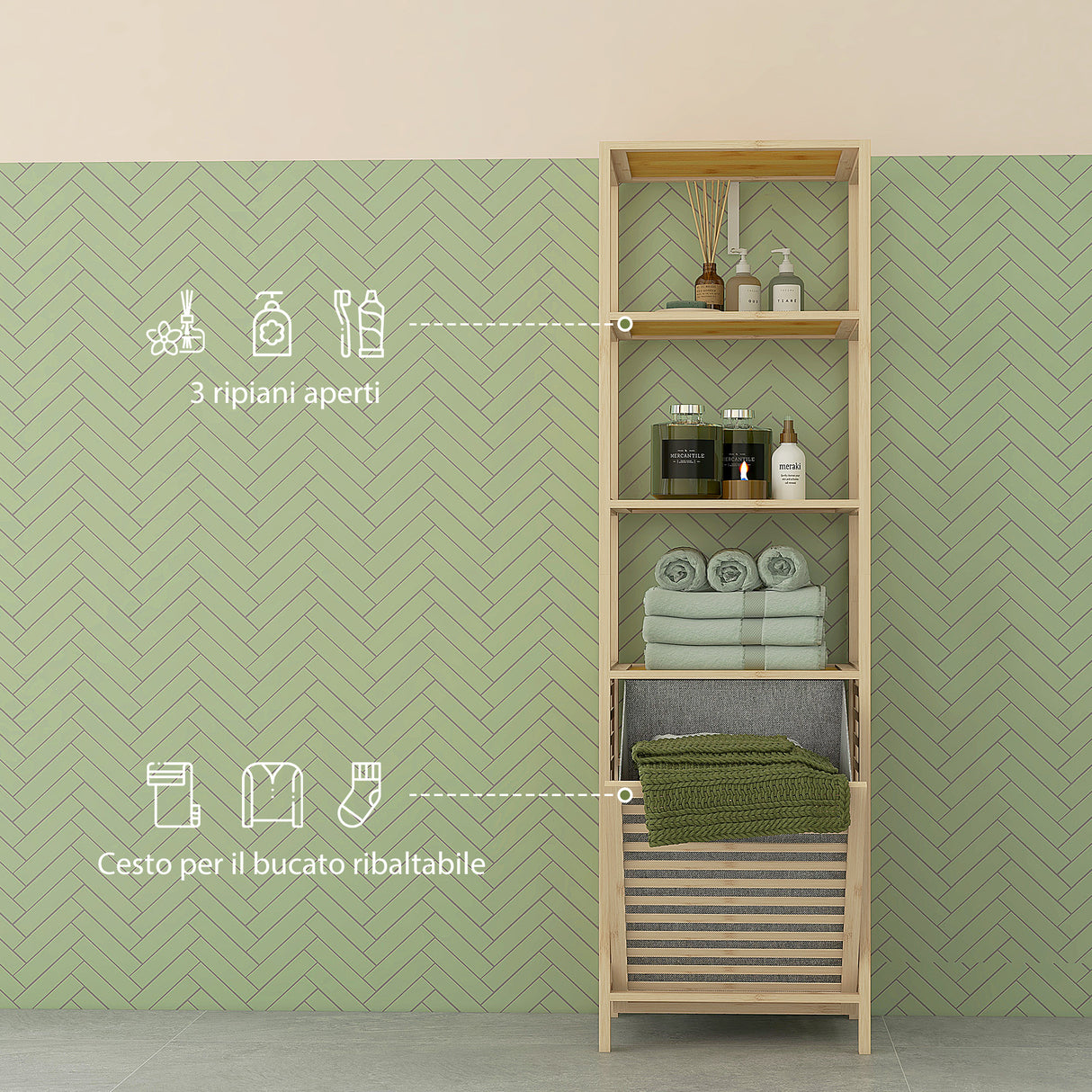 easycomfort easycomfort colonna bagno con 3 ripiani in legno di bambu e cesto portabiancheria in tessuto 44x33x160cm