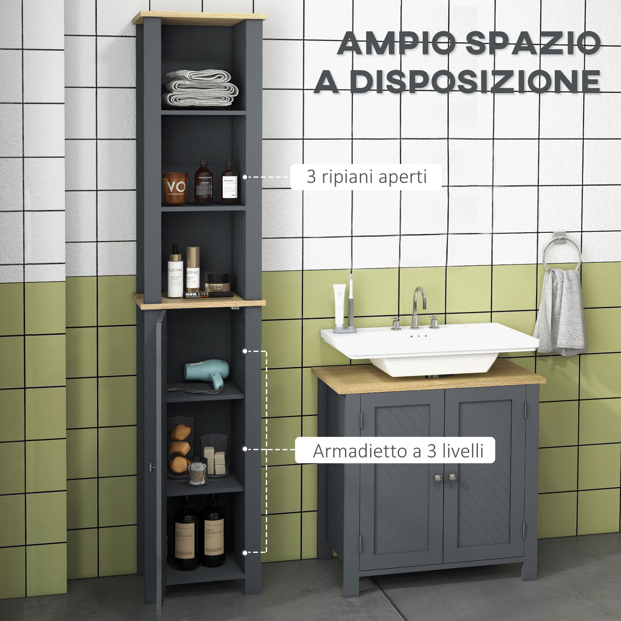 easycomfort easycomfort colonna bagno salvaspazio con armadietto e 3 ripiani aperti in legno 34x23x165cm grigio