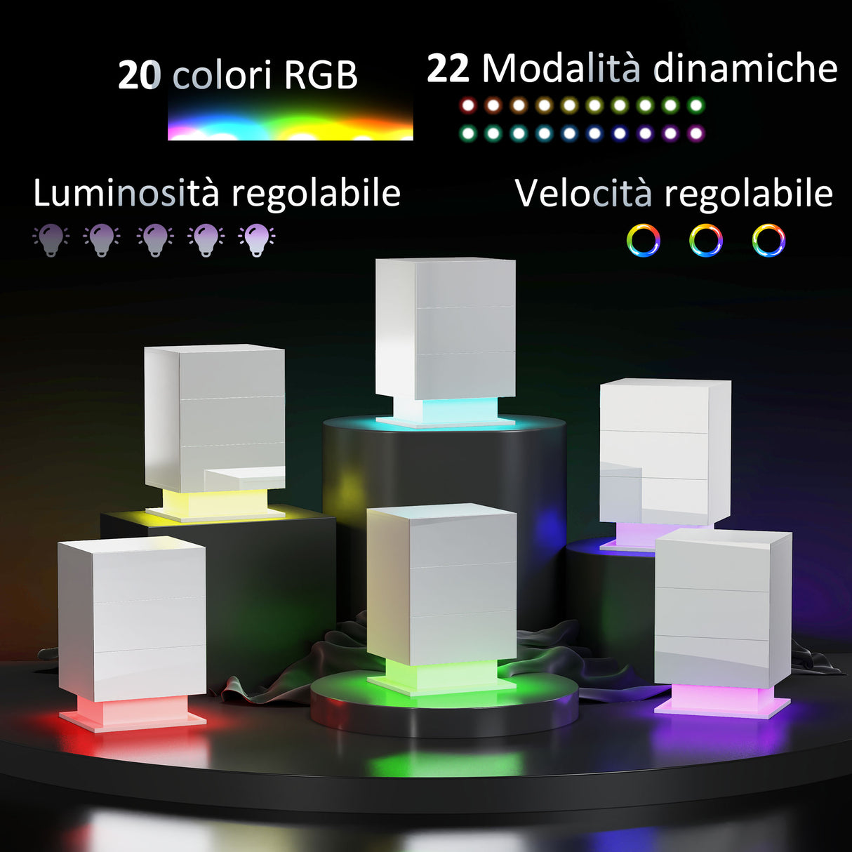 easycomfort easycomfort comodino moderno con luce led regolabile con telecomando e 3 cassetti 40x35x60 cm bianco lucido