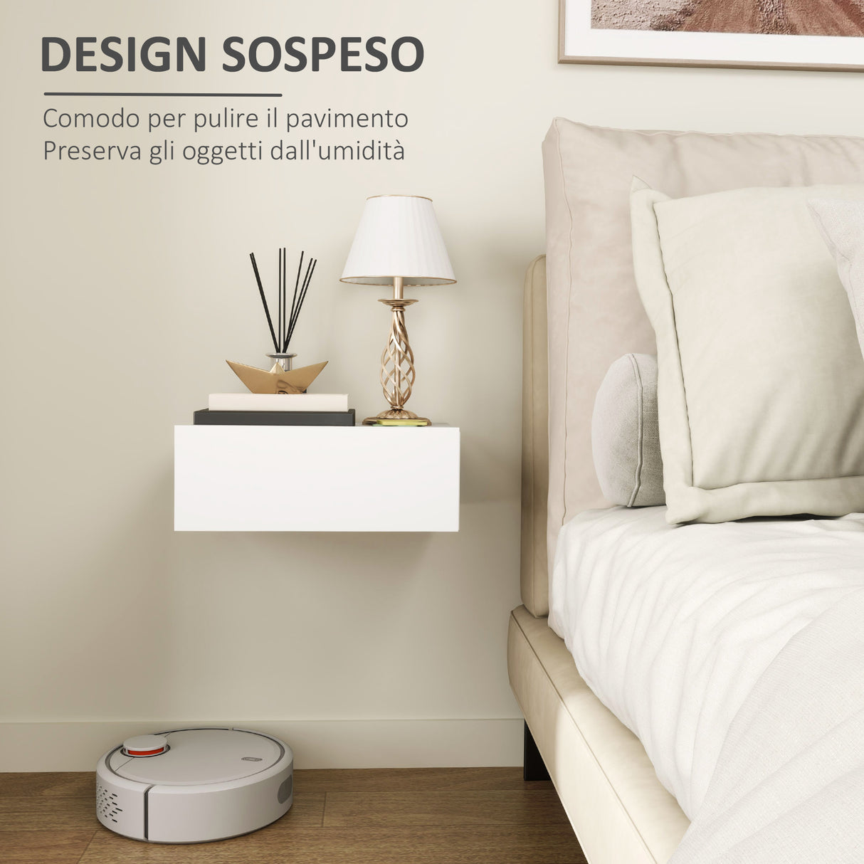 easycomfort easycomfort comodino sospeso moderno con cassetto in legno 40x30x15 cm bianco