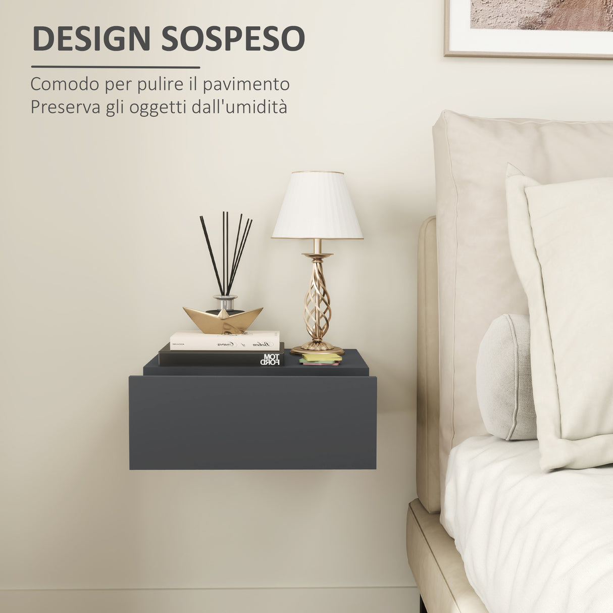 easycomfort easycomfort comodino sospeso moderno con cassetto in legno 40x30x15 cm nero