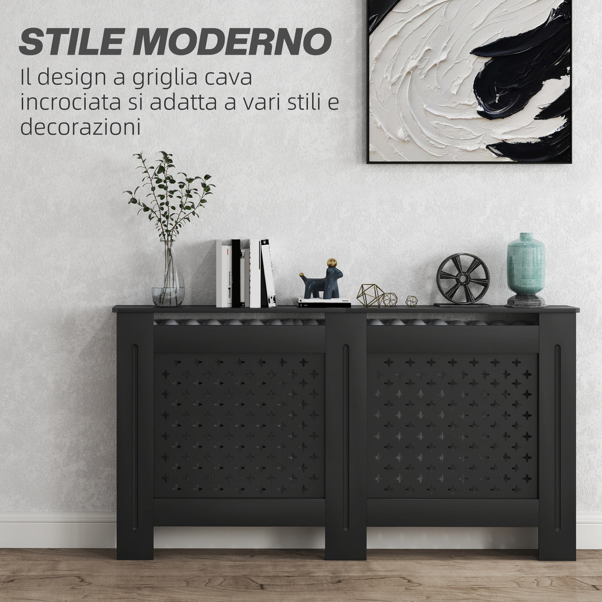 easycomfort easycomfort copritermosifoni in legno mdf traforato a croce con ripiano e fissaggio a muro 152x19x82 cm nero