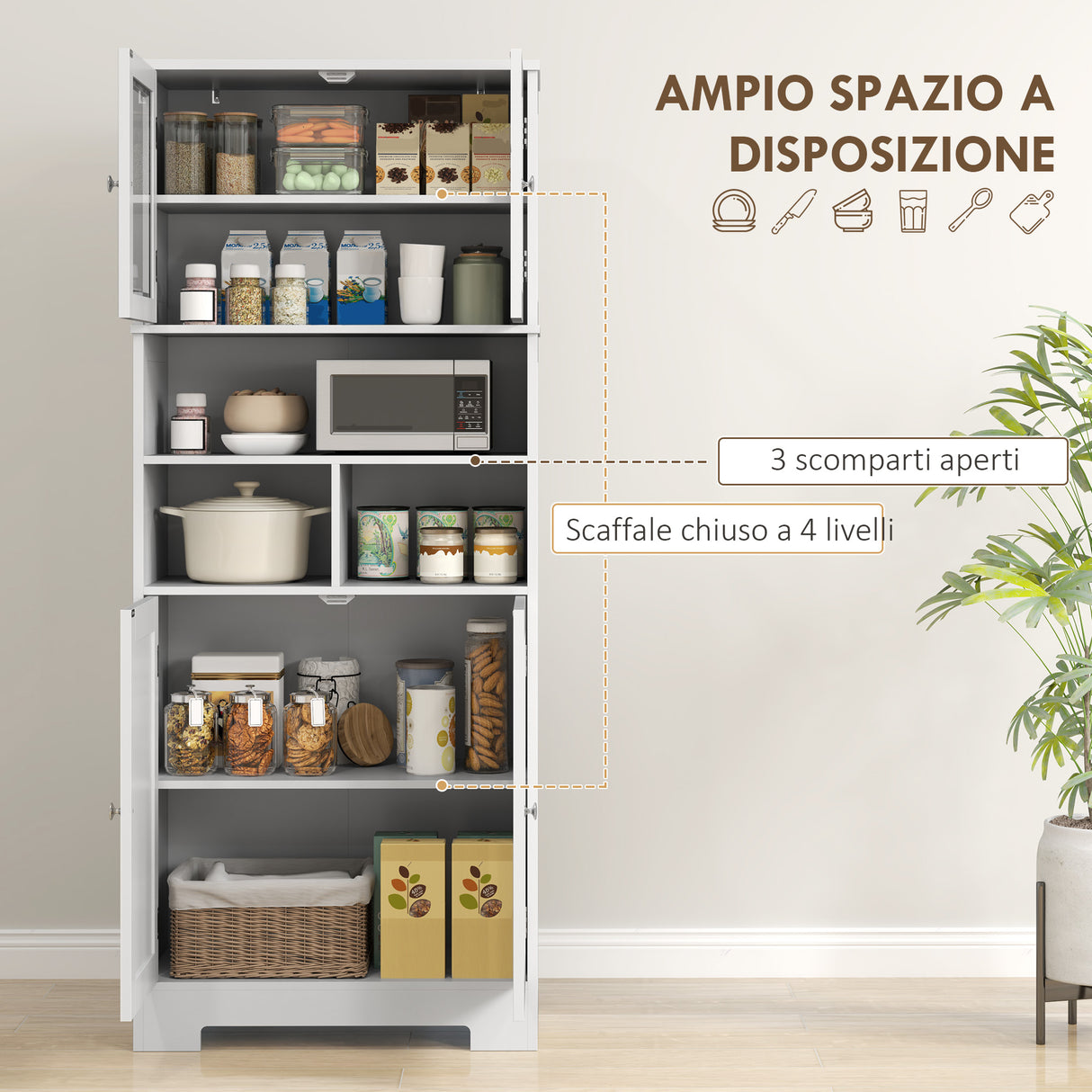 easycomfort easycomfort credenza cucina con 2 armadietti e 3 vani aperti ante a vetro e ripiani regolabili 60x30x145 5 cm bianco