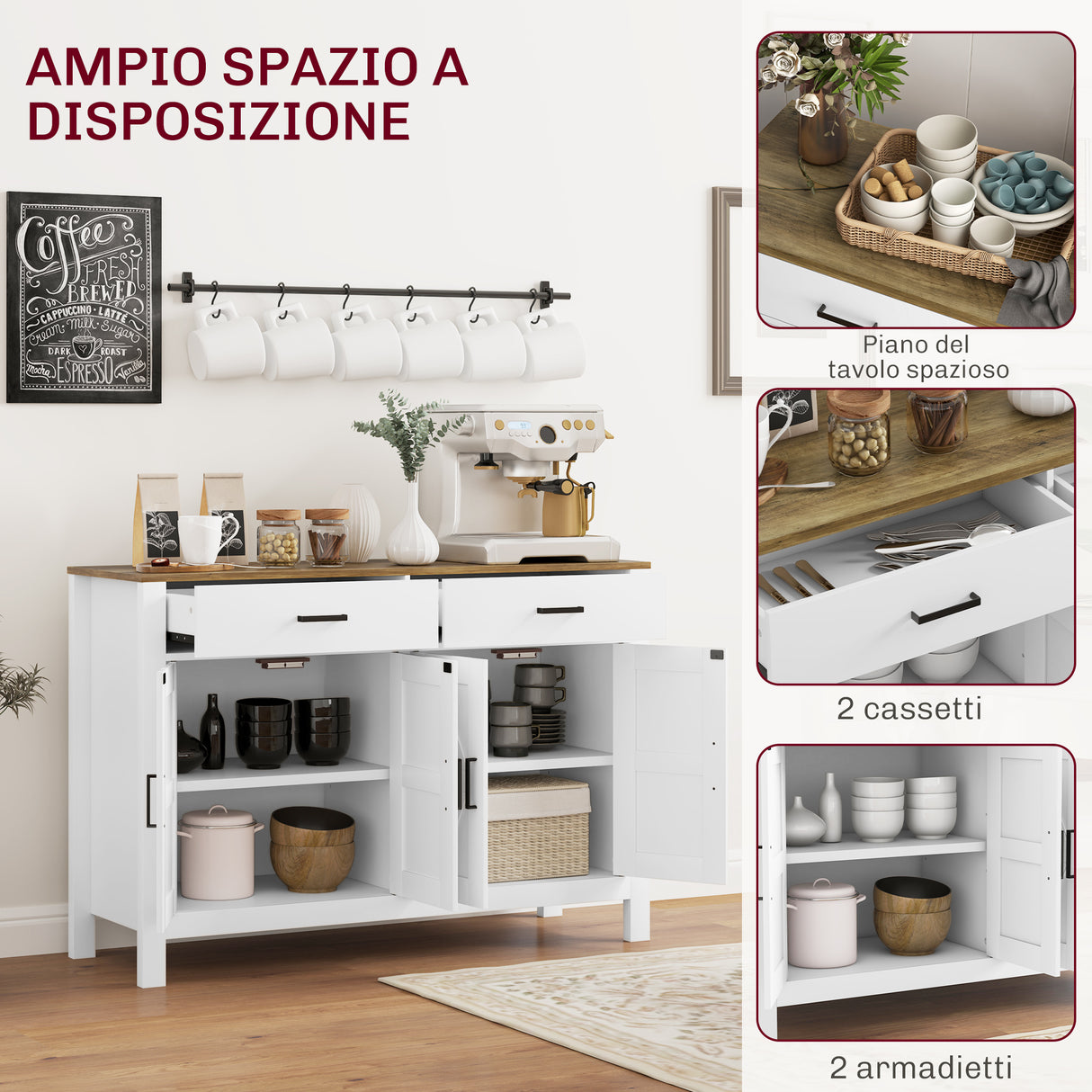 easycomfort easycomfort credenza da cucina con 2 cassetti e 2 armadietti stile rustico con mensole regolabili bianco