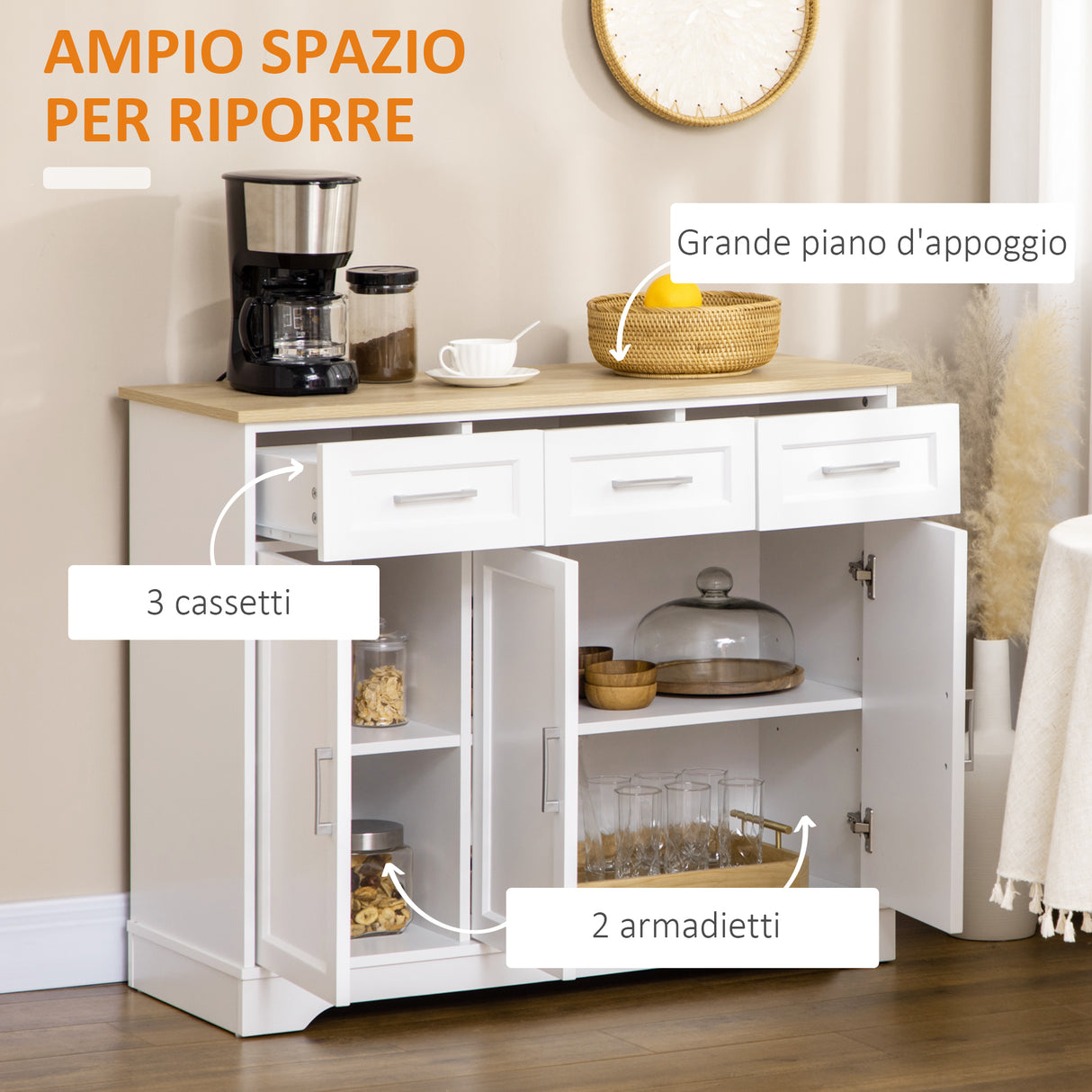 easycomfort easycomfort credenza moderna a 3 cassetti e 3 ante in mdf e truciolato con ripiano regolabile 101x39x82 cm bianco
