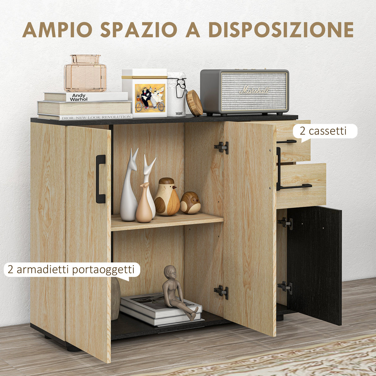 easycomfort easycomfort credenza moderna con 2 armadietti e 2 cassetti in legno 90x30x75 5cm noce e nero