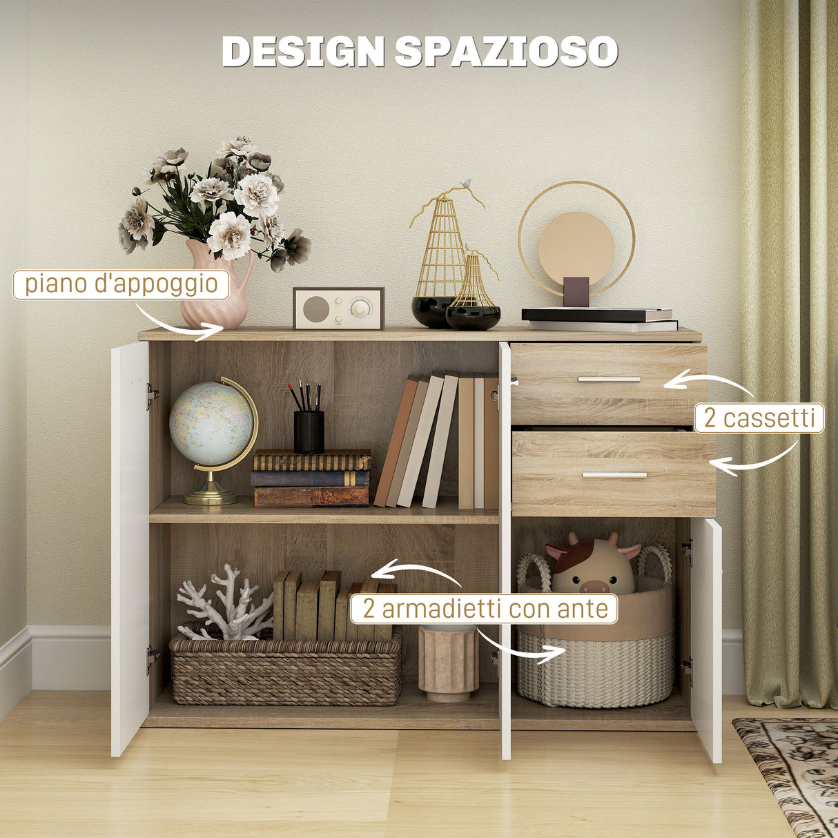 easycomfort easycomfort credenza moderna con 3 armadietti e 2 cassetti in legno 106x35x76 cm color legno