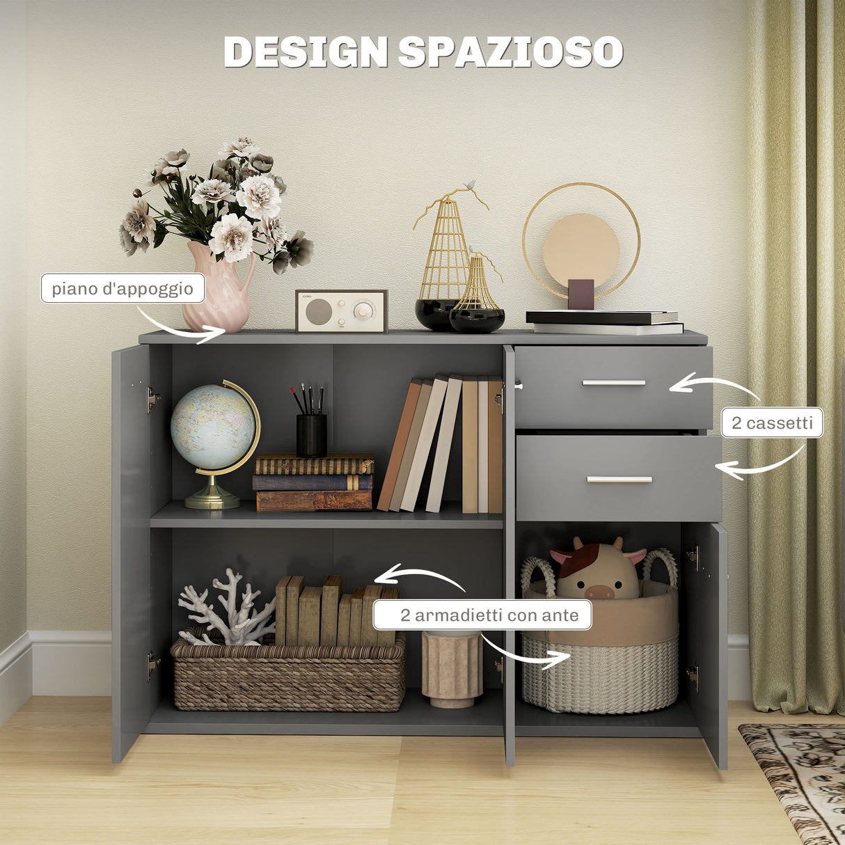 easycomfort easycomfort credenza moderna con 3 armadietti e 2 cassetti in legno 106x35x76 cm grigio chiaro