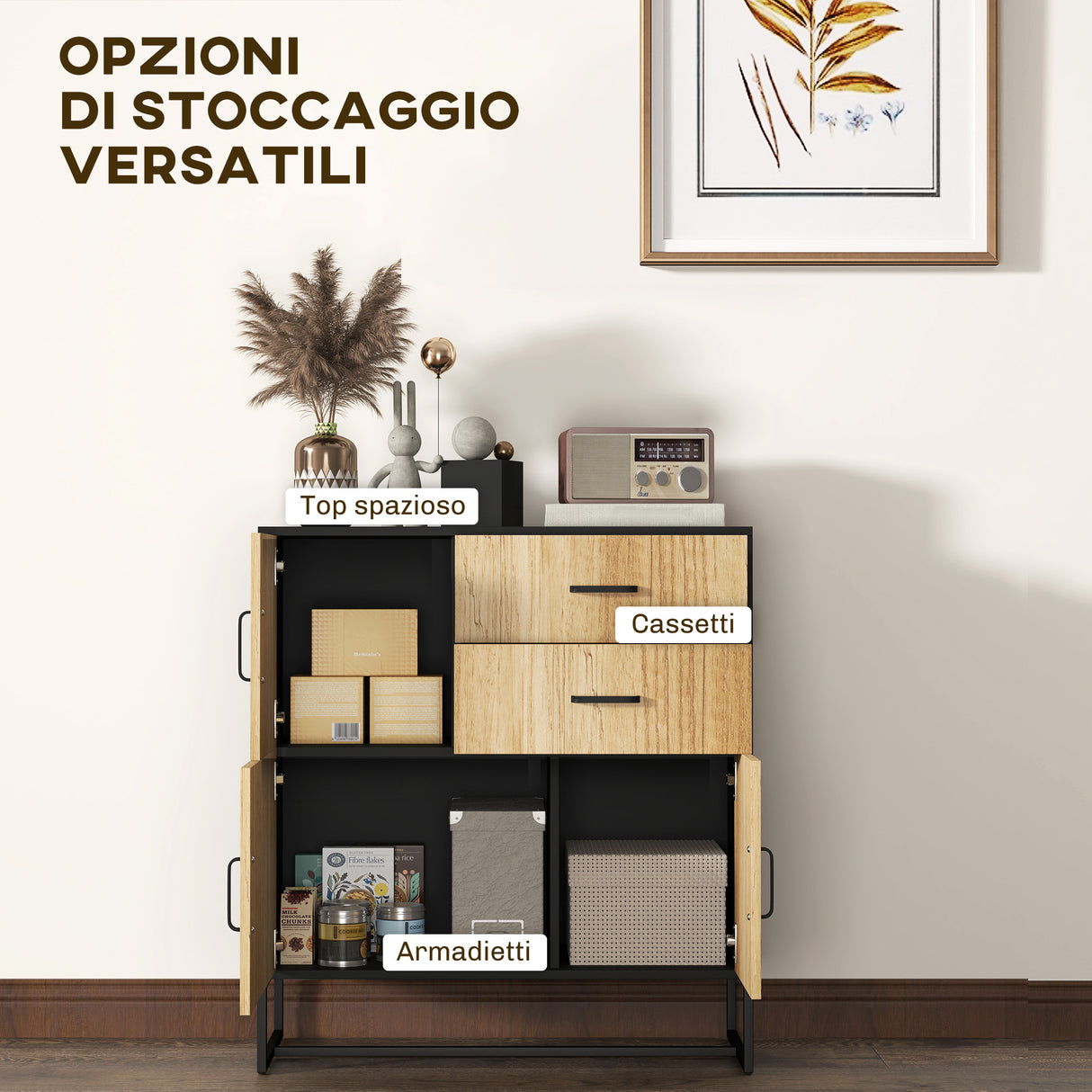 easycomfort easycomfort credenza moderna con 3 armadietti e 2 cassetti in truciolato e acciaio 80x35x88 cm nero e color legno