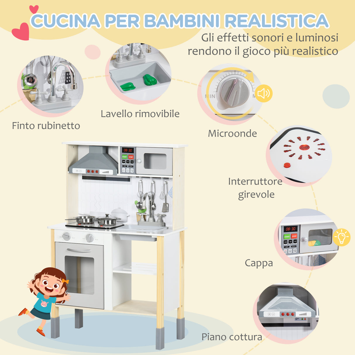 easycomfort easycomfort cucina giocattolo per bambini con altezza regolabile suoni luci e utensili in mdf e pp 60x30 5x93 2 cm