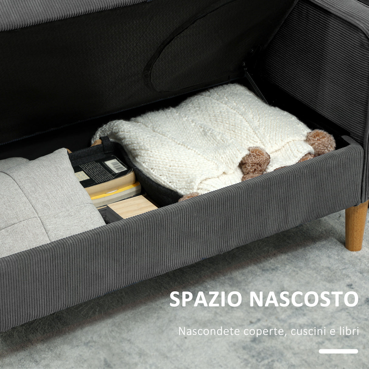 easycomfort easycomfort divano 2 posti con spazio contenitore e 2 cuscini in tessuto effetto velluto e legno 140x63x79 cm grigio