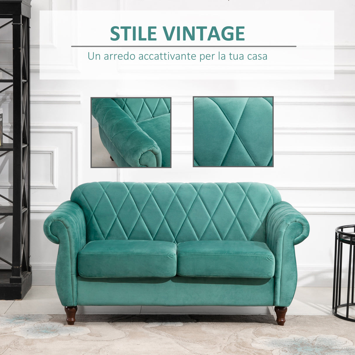 easycomfort easycomfort divano 2 posti in legno e velluto verde spessa imbottitura divano per 2 persone design vintage retro 148 x 72 x 76cm ean 8055776916224