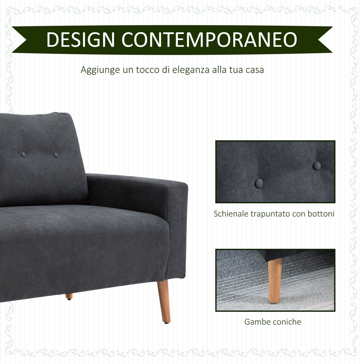 easycomfort easycomfort divano 2 posti moderno in stile nordico con schienale trapuntato in tessuto 145x76x88 cm grigio