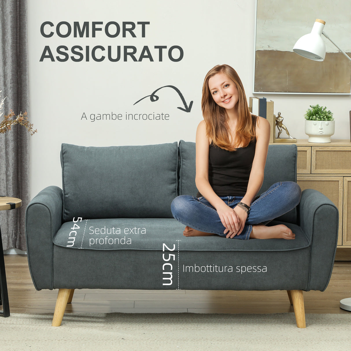 easycomfort easycomfort divano 2 posti salvaspazio con cuscini per schienale in tessuto effetto velluto e legno 145x75x78 cm grigio
