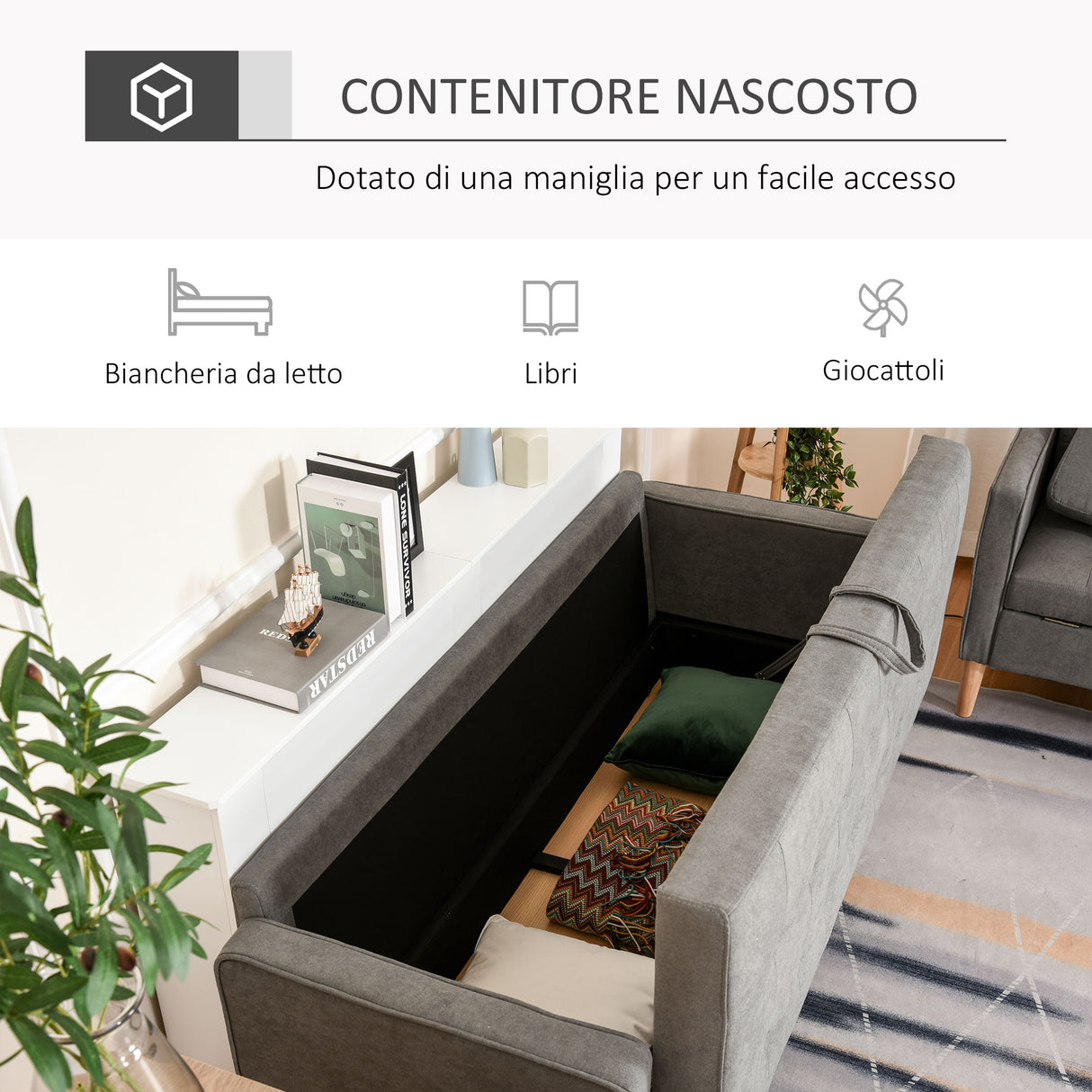 easycomfort easycomfort divano 3 posti moderno in tessuto grigio con vano contenitore e design scandinavo grigio 166 5x62x82cm ean 8055776915326