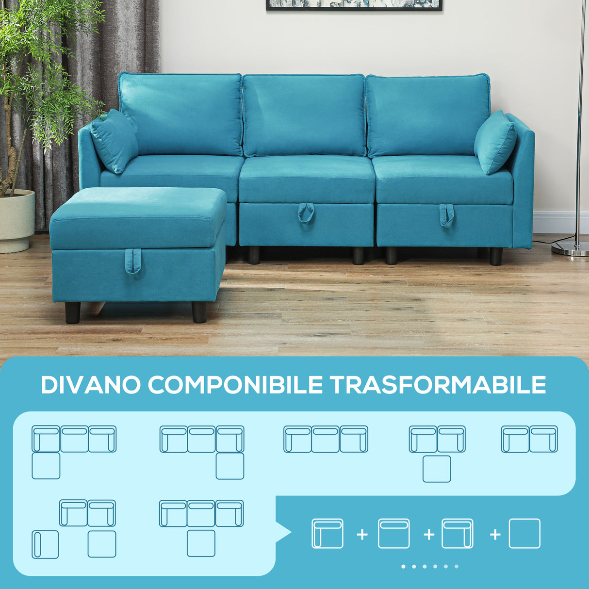easycomfort easycomfort divano componibile modulare 3 posti con pouf poggiapiedi e cuscini rivestimento in flanella blu