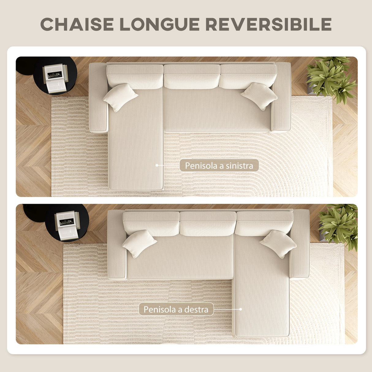 easycomfort easycomfort divano con penisola a 3 posti in tessuto effetto velluto schiuma e nylon 241x153x83 cm bianco crema