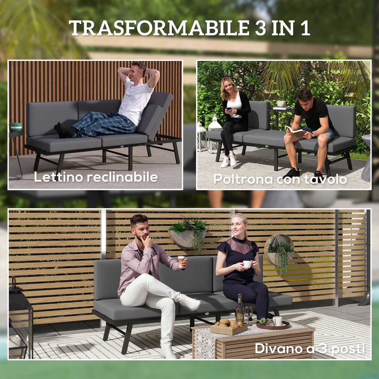 easycomfort easycomfort divano da giardino 3 in 1 reclinabile su 5 posizioni con cuscini 180x63 5x68 cm grigio